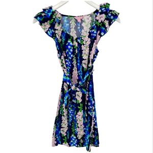 Lilly Pulitzer Size XS Blue Floral Dress with Belt 100% Rayon Ruffled Sleeve